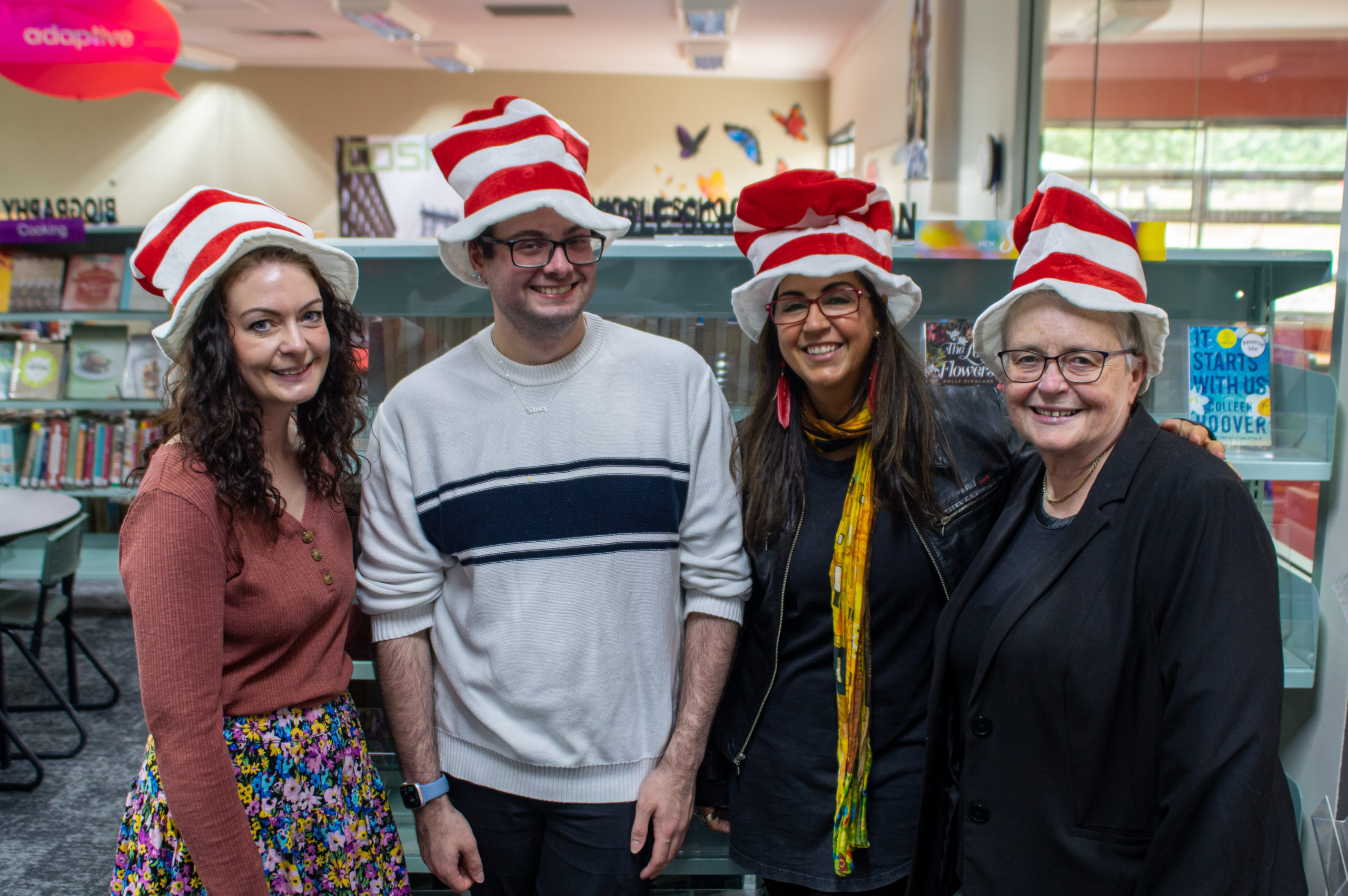 Beaconhills College staff wearing Dr Seuss hats.